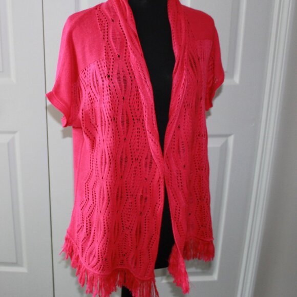 Bohemian Bright Rose-pink crocheted Ruby Rd. open front short-sleeve car… - Picture 2 of 12